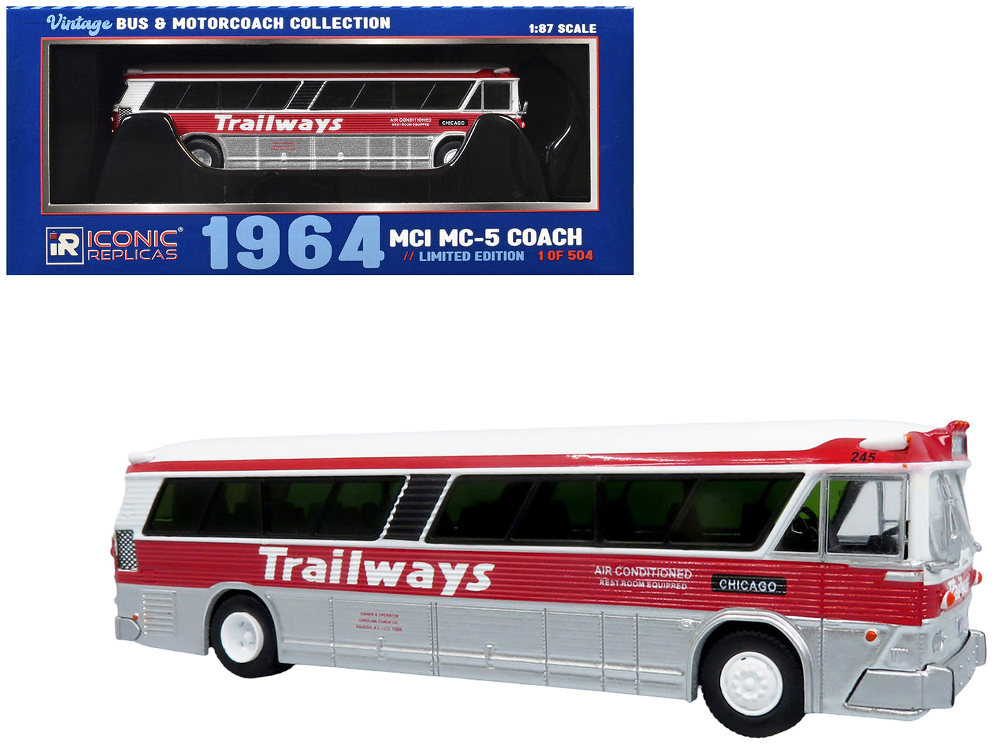 1964 MCI MC-5A Coach Bus "Trailways Chicago" White with Red Stripes "Vintage Bus & Motorcoach Collection" Limited Edition to 504 pieces Worldwide 1/87 (HO) Diecast Model by Iconic Replicas