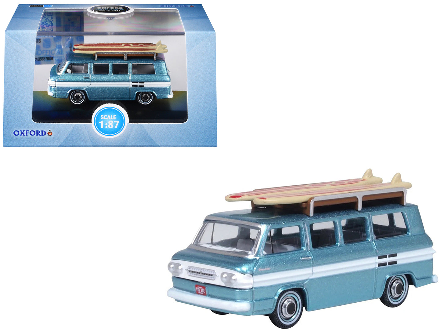 1961 Chevrolet Corvair Greenbrier Passenger Wagon Van Turquoise Metallic and Cameo White with Surfboards on Roof 1/87 (HO) Scale Diecast Model Car by Oxford Diecast