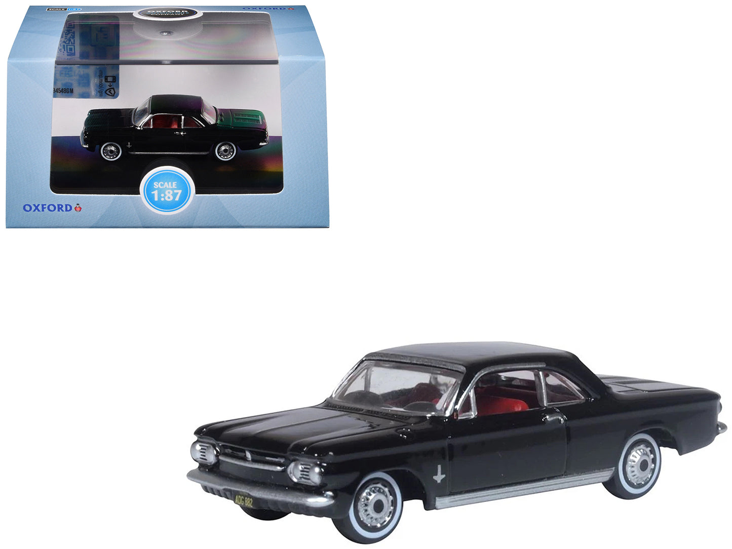 1963 Chevrolet Corvair Coupe Tuxedo Black with Red Interior 1/87 (HO) Scale Diecast Model Car by Oxford Diecast