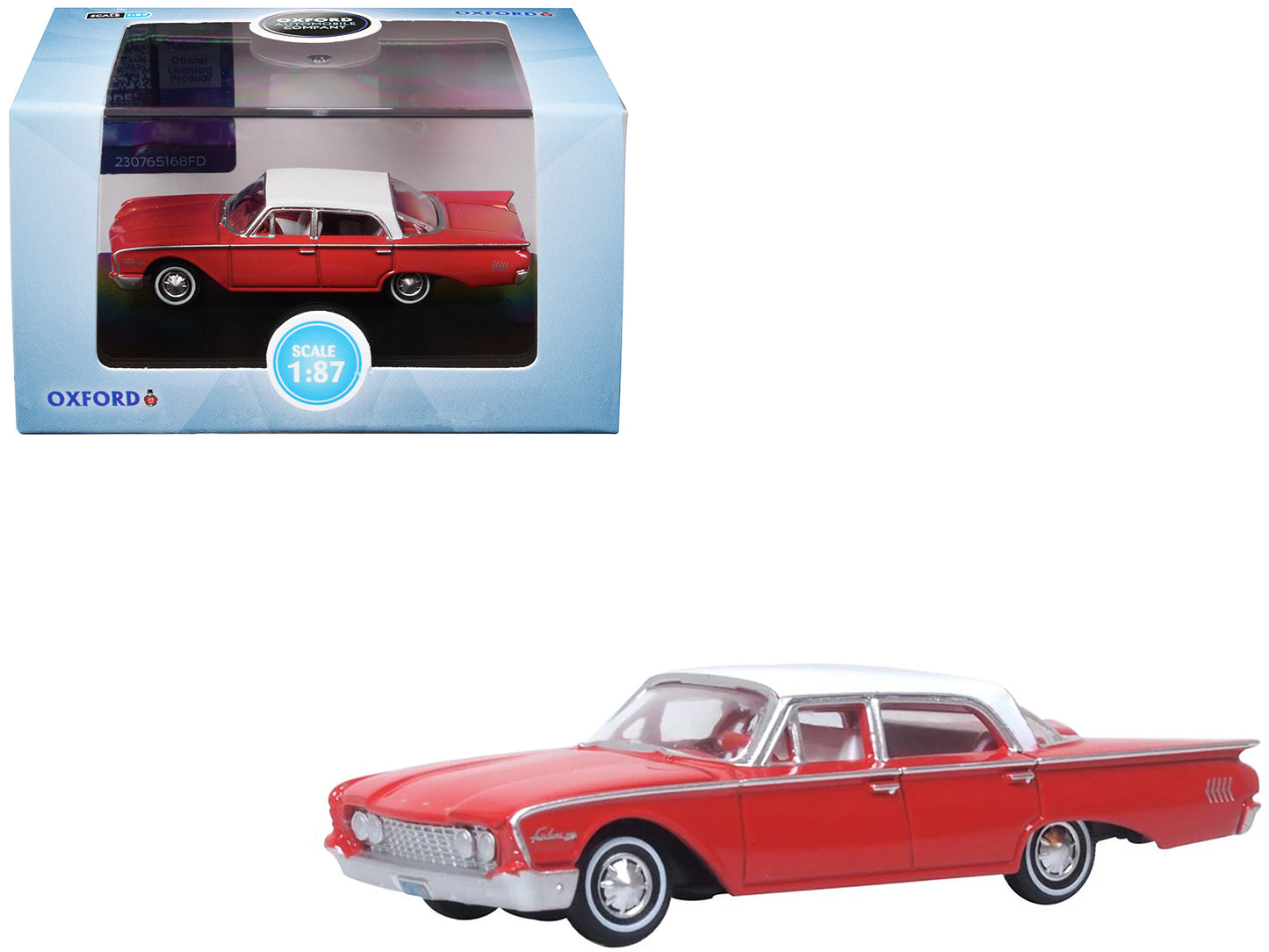 1960 Ford Fairlane Sedan 500 Monte Carlo Red with Corinthian White Top and Interior 1/87 (HO) Scale Diecast Model Car by Oxford Diecast - Use code SHOPAPP15 to get 15 percent off