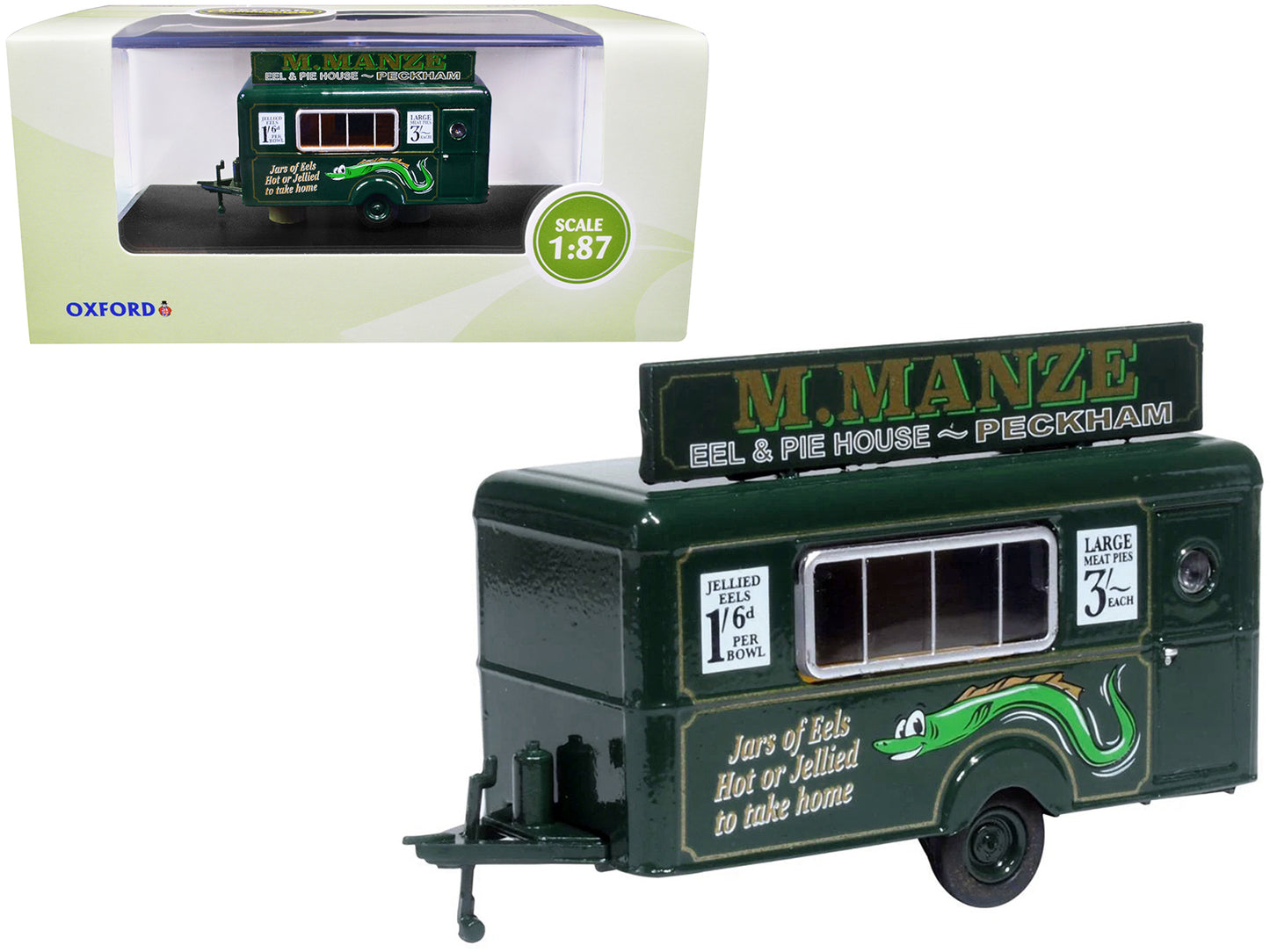 Mobile Food Trailer "M. Manze Eel and Pie House - Peckham" 1/87 (HO) Scale Diecast Model by Oxford Diecast - Use code SHOPAPP15 to get 15 percent off