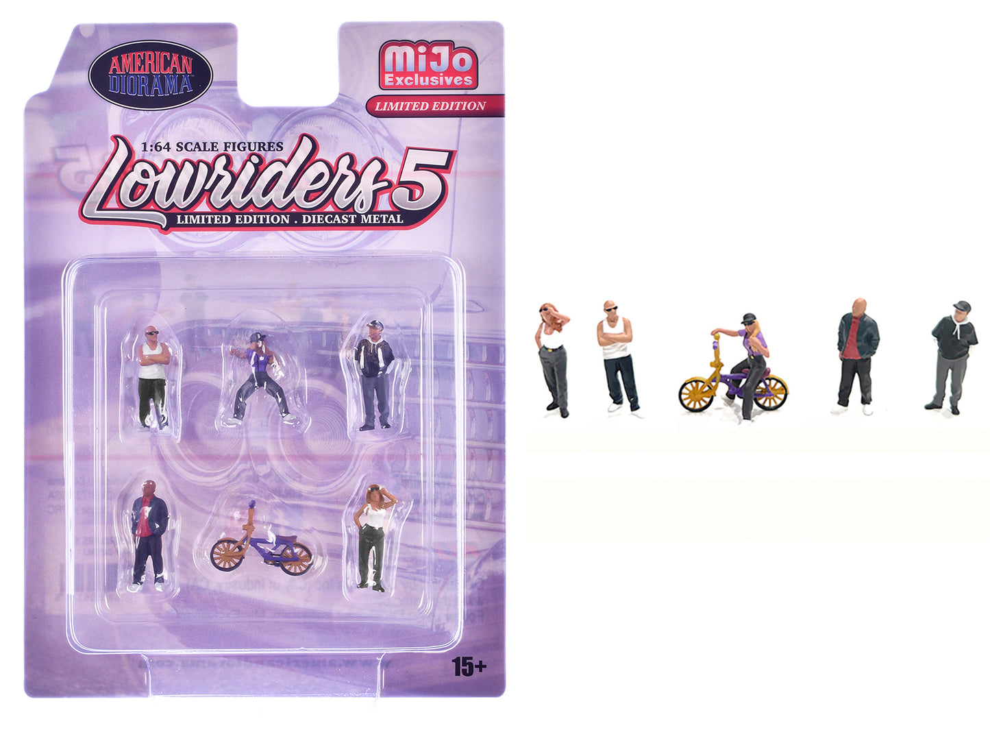 "Lowriders #5" 6 piece (5 People 1 Bicycle) Diecast Figures Set 1/64 Scale Models by American Diorama - Use code SHOPAPP15 to get 15 percent off
