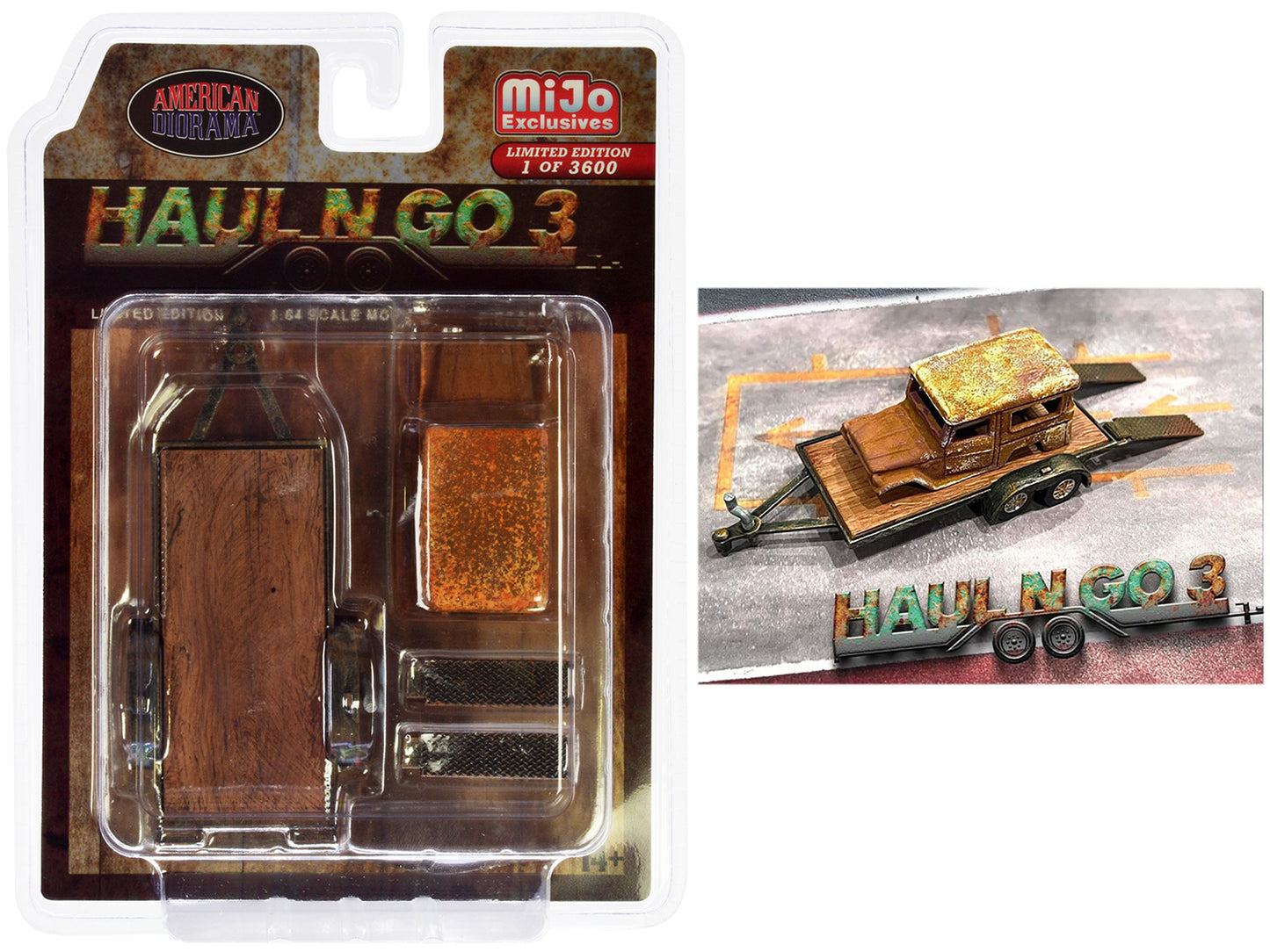 "Haul N Go 3" 4 piece Diecast Model Set (1 Flatbed Trailer 1 Abandoned Car 2 Ramps) Limited Edition to 3600 pieces Worldwide for 1/64 scale models by American Diorama - Use code SHOPAPP15 to get 15 percent off