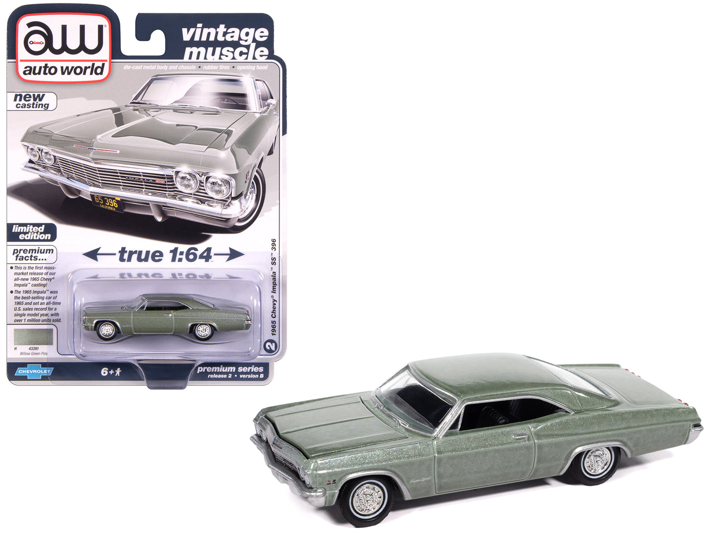 1965 Chevrolet Impala SS 396 Willow Green Metallic "Vintage Muscle" Series 1/64 Diecast Model Car by Auto World - Use code SHOPAPP15 to get 15 percent off