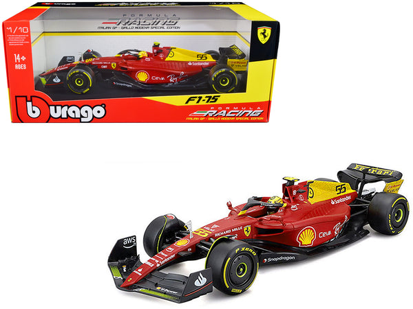 Ferrari F1-75 #55 Carlos Sainz "Giallo Modena" Formula One F1 Italian GP (2022) "Formula Racing" Series 1/18 Diecast Model Car by Bburago Ferrari F1-75 #55 Carlos Sainz "Giallo Modena" Formula One F1 Italian GP (2022) "Formula Racing" Series 1/18 Diecast Model Car by Bburago