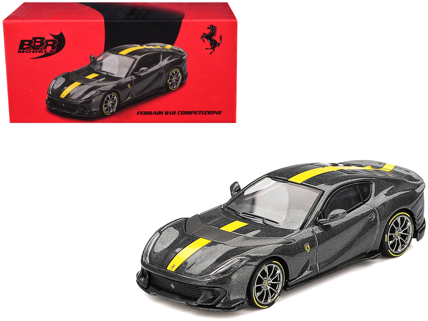 Ferrari 812 Competizione Grigio Competizione Gray Metallic with Yellow Stripe 1/64 Diecast Model Car by BBR