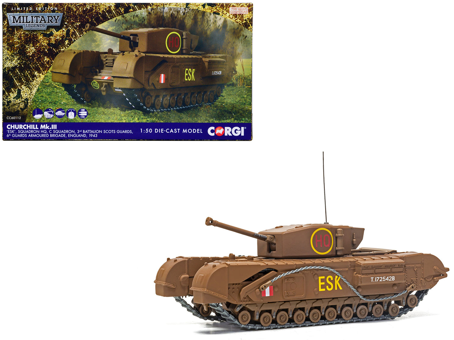 Churchill Mk.III Tank "ESK Squadron HQ C Squadron 3rd Battalion Scots Guards 6th Guards Armoured Brigade" (1943) British Royal Army "Military Legends" Series 1/50 Diecast Model by Corgi free shipping USA