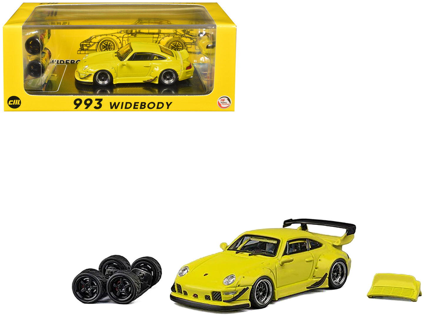 993 Widebody Yellow with Extra Wheels and Spoiler 1/64 Diecast Model Car by CM Model - Use code SHOPAPP15 to get 15 percent off