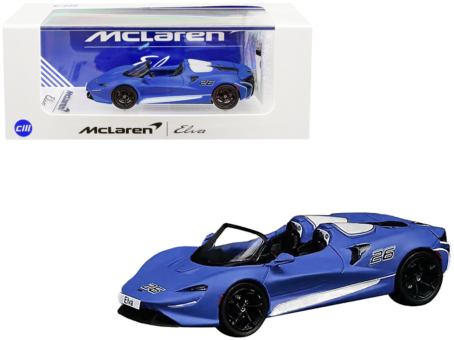 McLaren Elva Convertible #26 Matt Blue with White Stripes and Extra Wheels 1/64 Diecast Model Car by CM Model