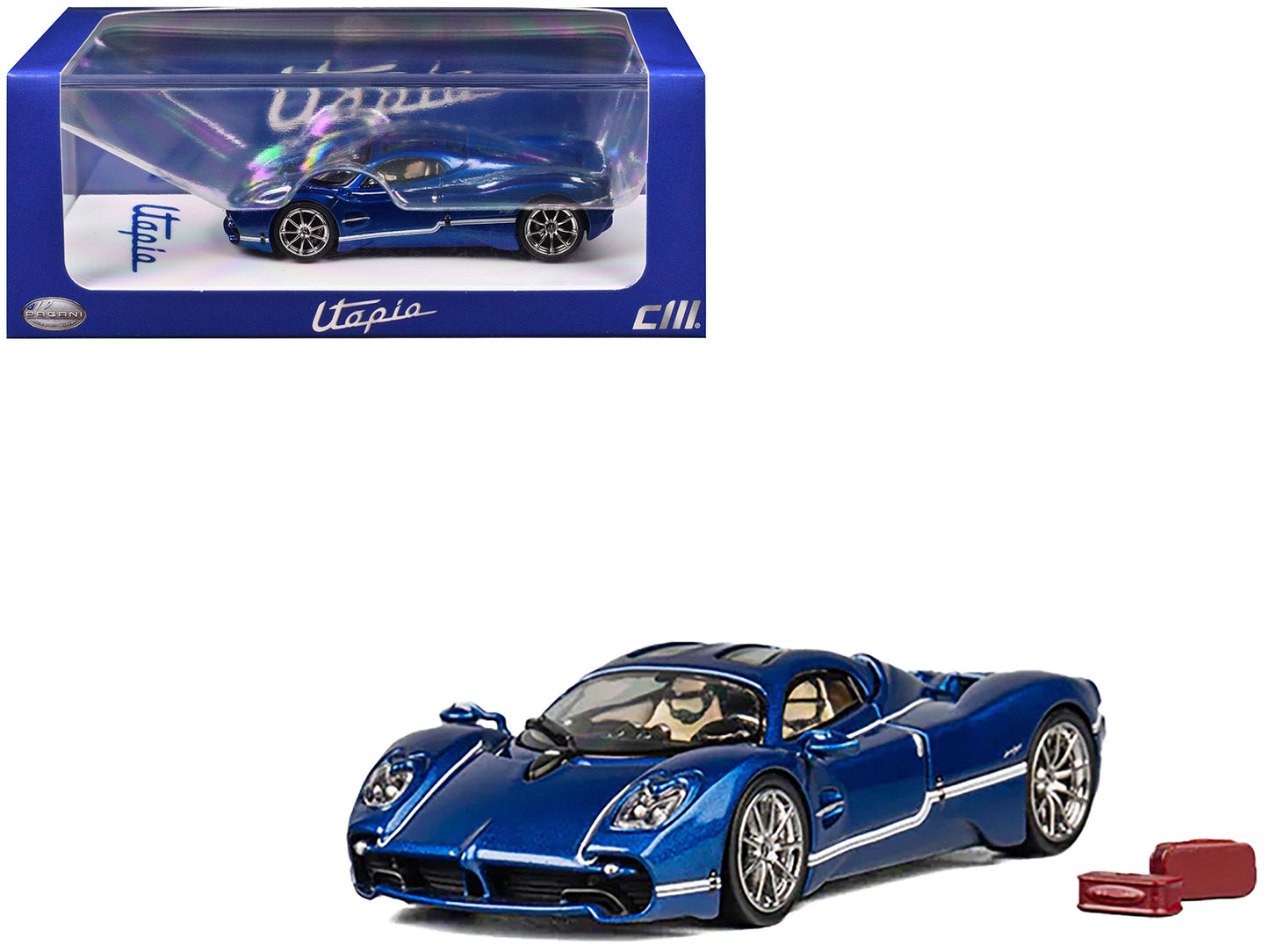 Pagani Utopia Blue Metallic with White Stripes 1/64 Diecast Model Car by CM Model