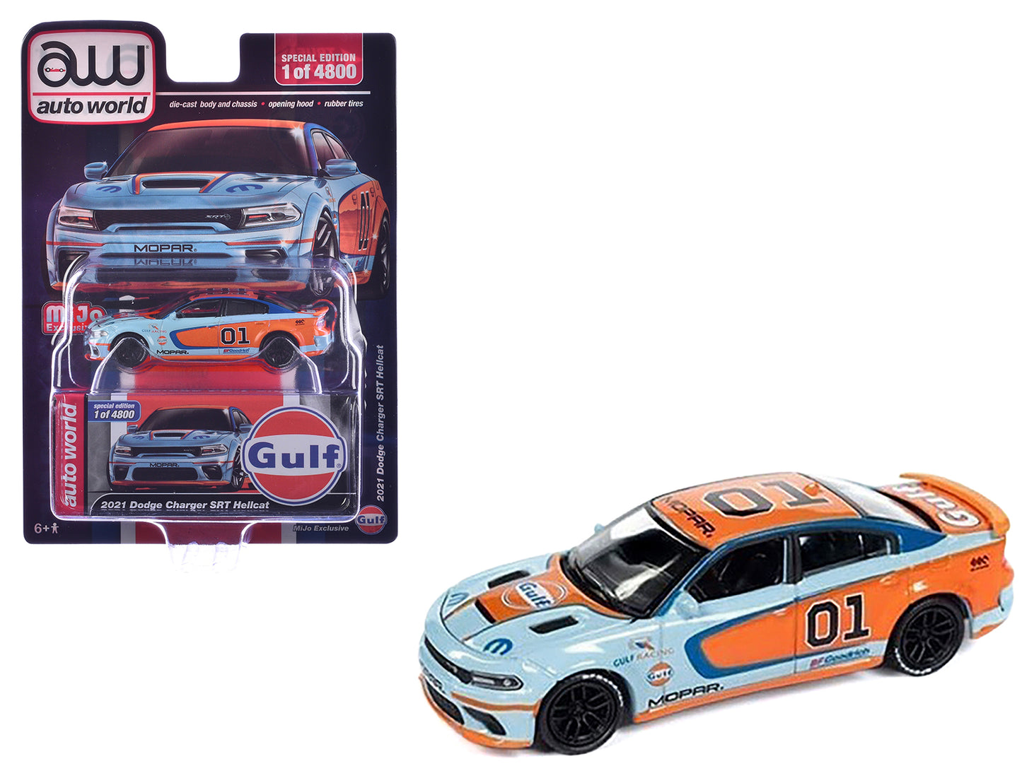 2021 Dodge Charger SRT Hellcat #01 "Gulf Oil-MOPAR" Light Blue and Orange Limited Edition to 4800 pieces Worldwide 1/64 Diecast Model Car by Auto World - Use code SHOPAPP15 to get 15 percent off