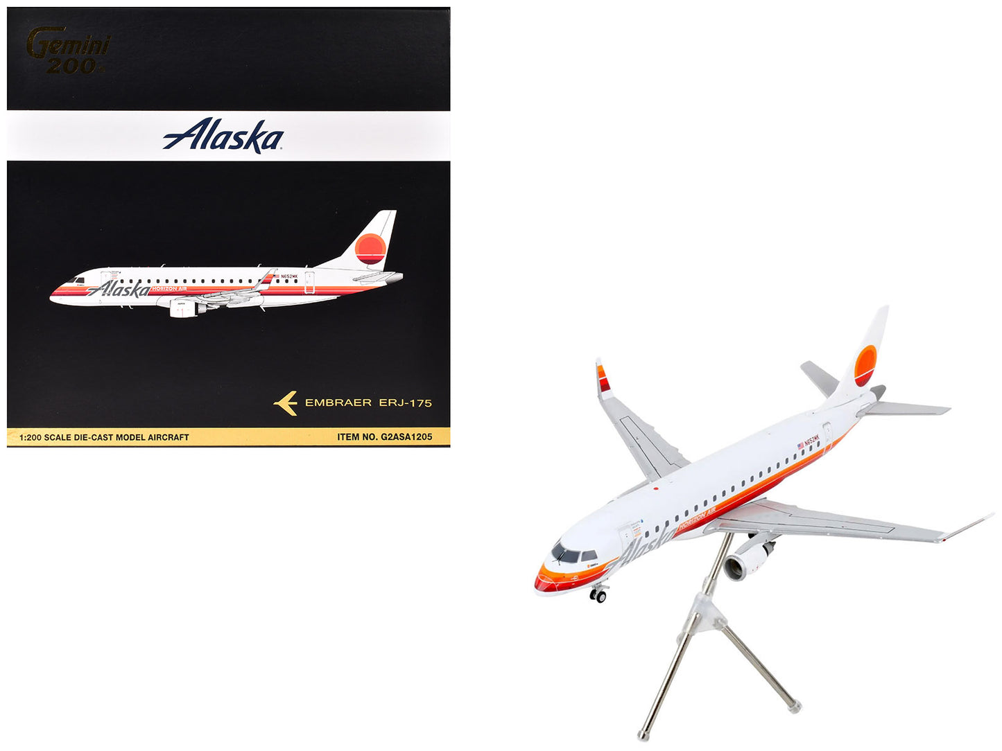 Embraer ERJ-175 Commercial Aircraft "Alaska Airlines - Horizon Air" (N652MK) White with Red and Orange Stripes "Gemini 200" Series 1/200 Diecast Model Airplane by GeminiJets