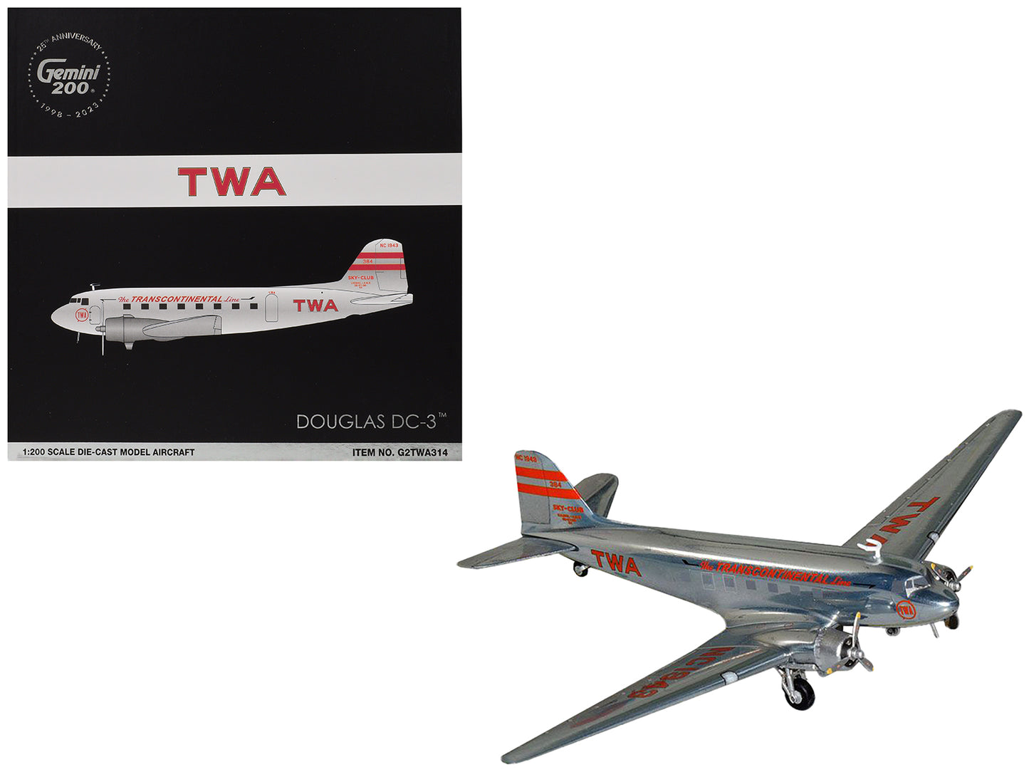 Douglas DC-3 Commercial Aircraft "TWA (Trans World Airlines)" (NC1943) Polished Metal Finish with Red Tail Stripes "Gemini 200" Series 1/200 Diecast Model Airplane by GeminiJets
