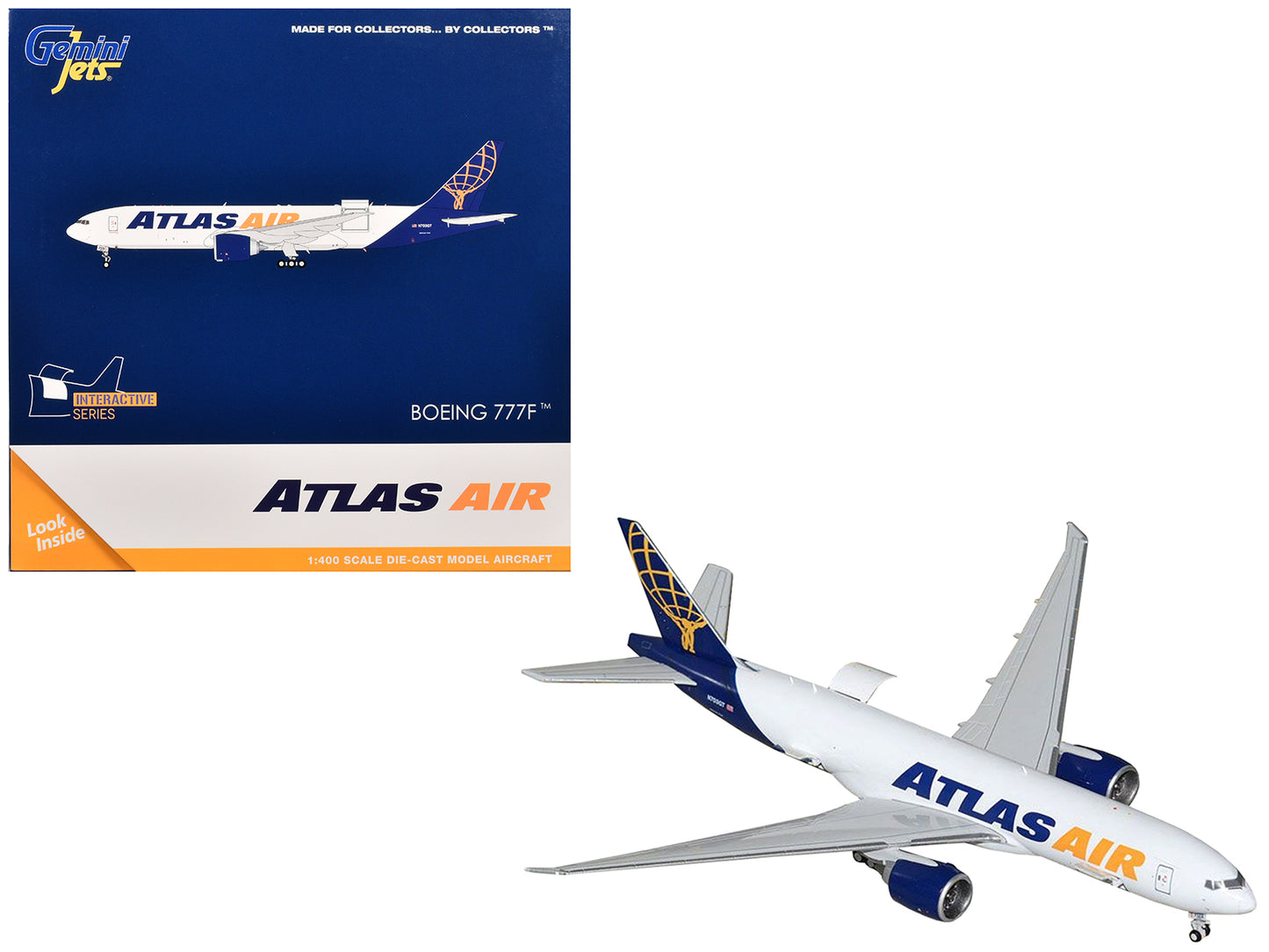 Boeing 777-200LRF Commercial Aircraft "Atlas Air" (N703GT) White with Blue Tail "Interactive Series" 1/400 Diecast Model Airplane by GeminiJets