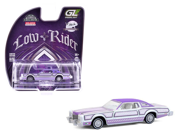 1973 Ford Thunderbird Lowrider "Michael Heralda Special Edition" Purple Metallic with Graphics and White Interior "Hobby Exclusive" Series 1/64 Diecast Model Car by Greenlight 1973 Ford Thunderbird Lowrider "Michael Heralda Special Edition" Purple Metallic with Graphics and White Interior "Hobby Exclusive" Series 1/64 Diecast Model Car by Greenlight