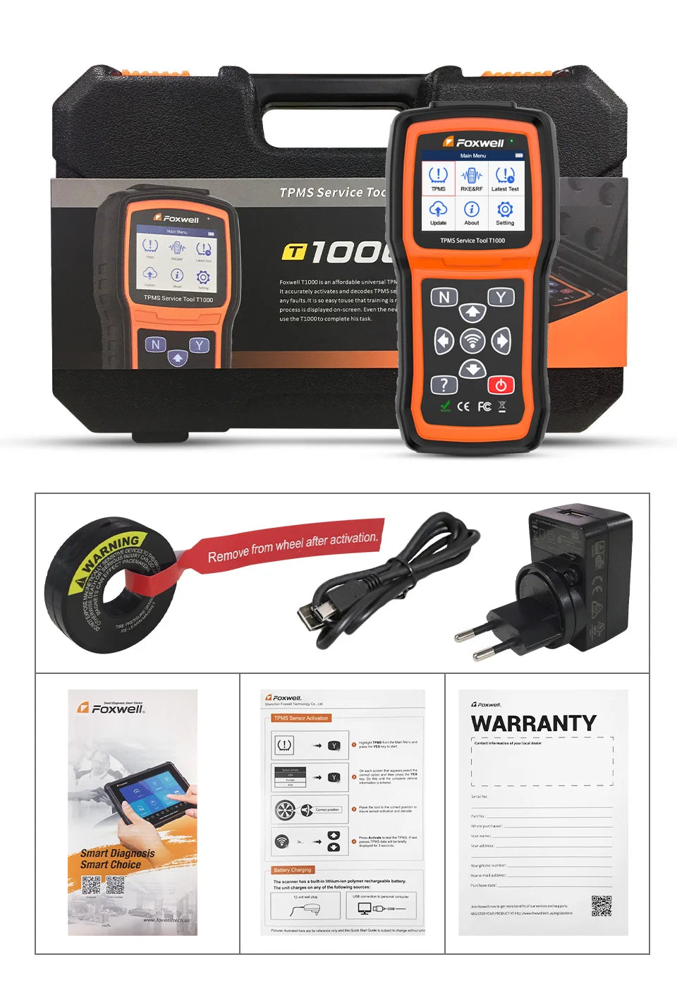 Foxwell T1000 TPMS Tool Tire Pressure Monitoring Sensor Programming Relearning Activation and OBD System Reset Car TPMS Reset