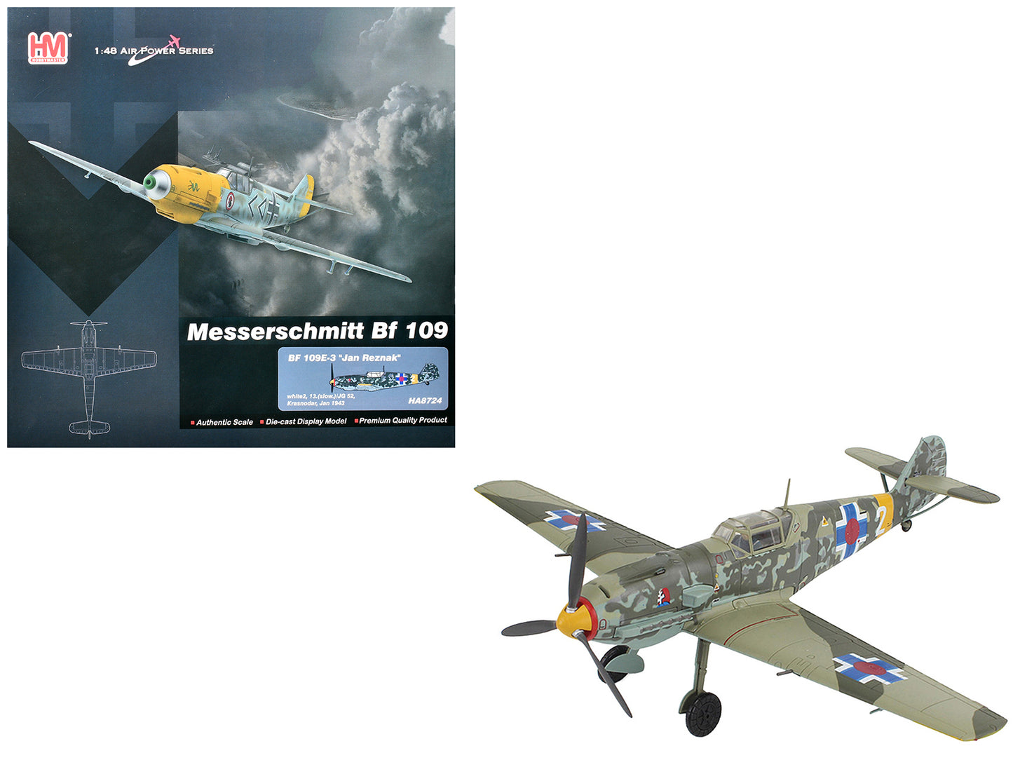 Messerschmitt Bf 109E-3 Fighter Aircraft "White 2 Jan Reznak 13.(slow)/JG 52 Kraznodar USSR" (1943) German Luftwaffe "Air Power Series" 1/48 Diecast Model by Hobby Master - Use code SHOPAPP15 to get 15 percent off