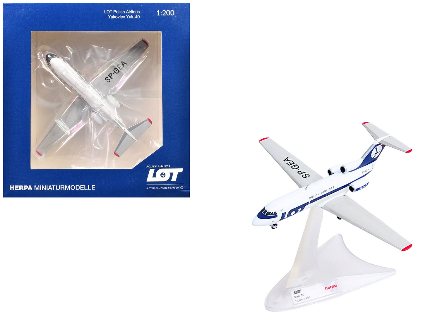 Yakovlev Yak-40 Commercial Aircraft "LOT Polish Airlines" (SP-GEA) White with Blue Stripes and Tail 1/200 Diecast Model by Herpa - Use code SHOPAPP15 to get 15 percent off