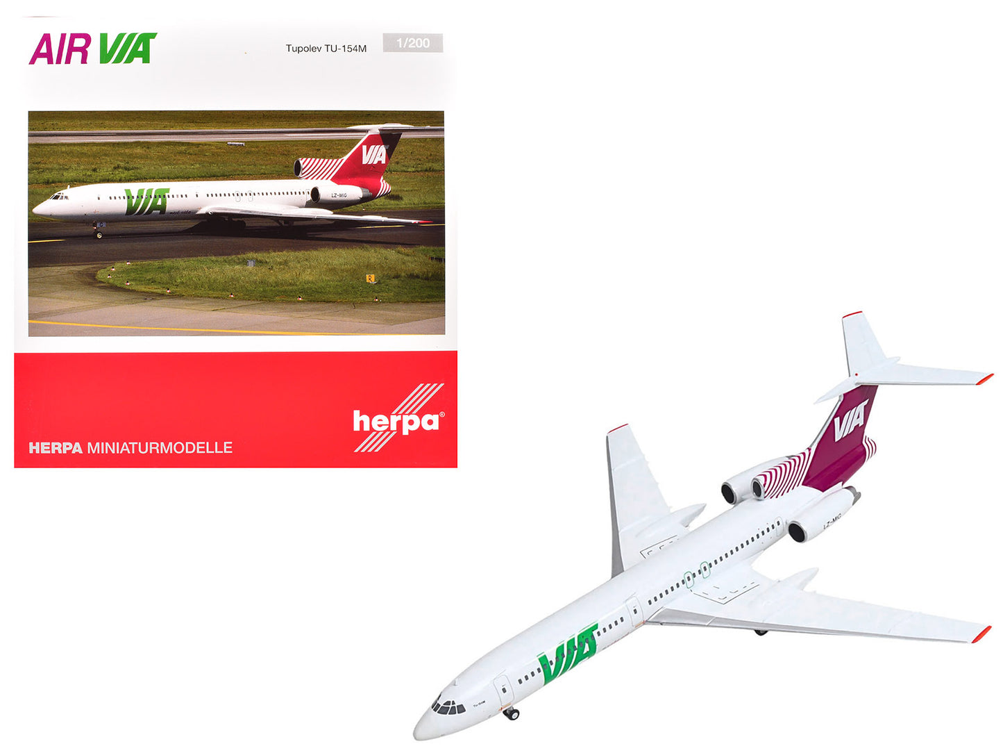 Tupolev TU-154M Commercial Aircraft "Air Via" (LZ-MIG) White with Red Tail 1/200 Diecast Model by Herpa