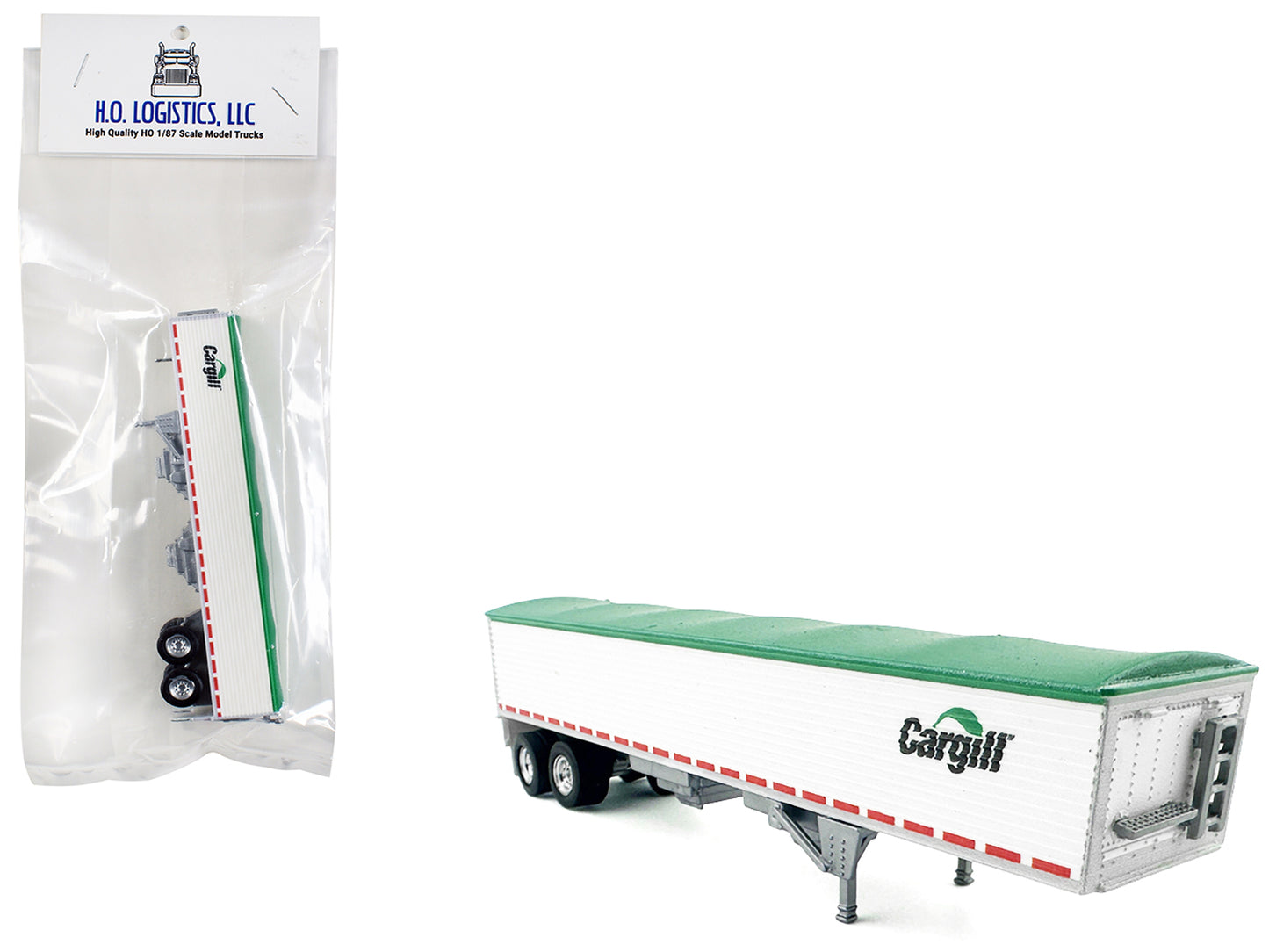Covered Grain Trailer White with Green Tarp "Cargill" 1/87 (HO) Plastic Model Car by HO Logistics - Use code SHOPAPP15 to get 15 percent off