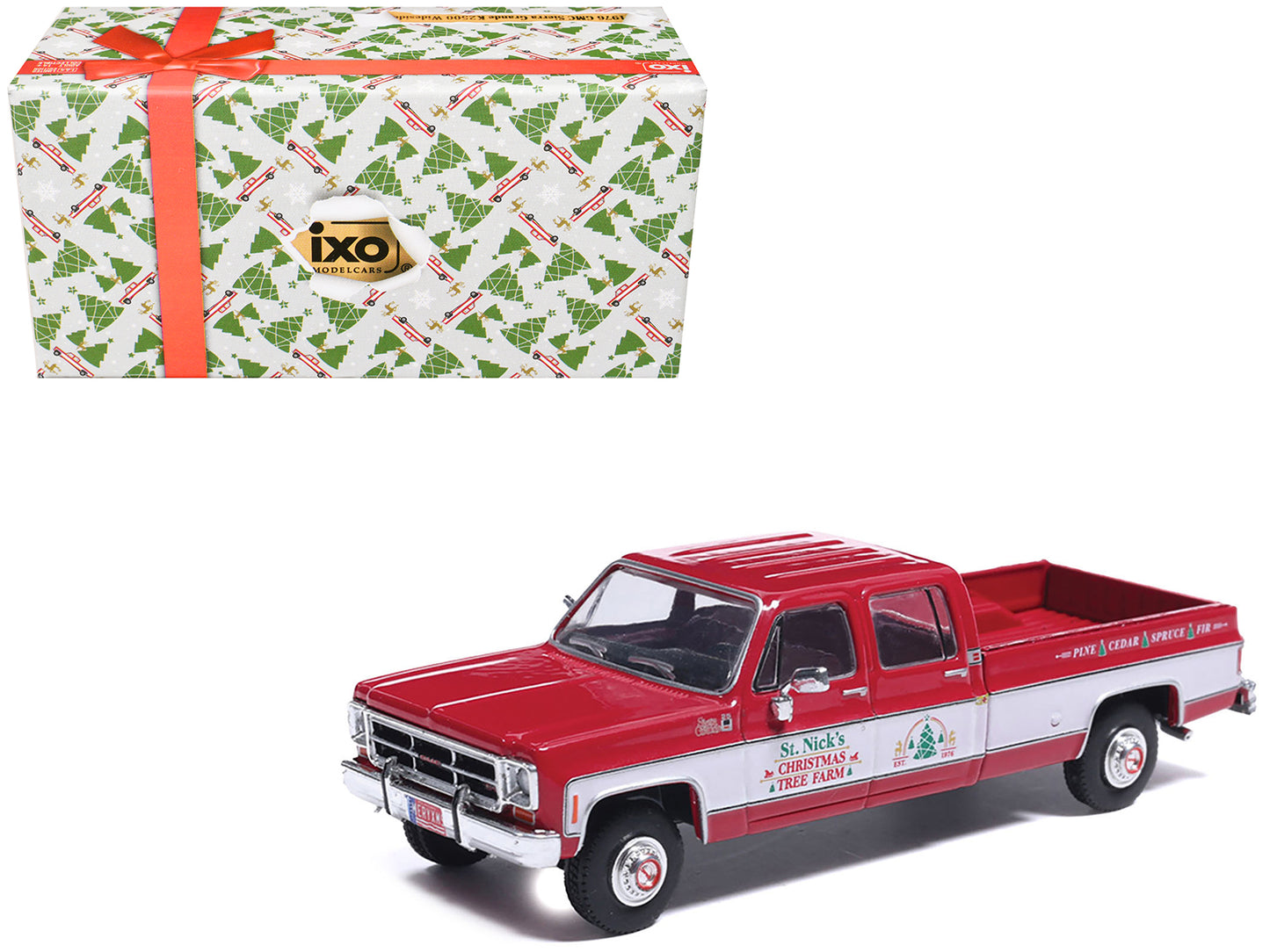 1976 GMC Sierra Grande K2500 Wideside Pickup Truck "St. Nick's Christmas Tree Farm" Red with White Sides "Christmas Limited Edition" 1/64 Diecast Model Car by IXO Models