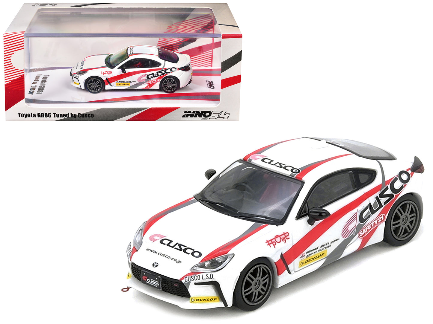 Toyota GR86 Tuned by "CUSCO" RHD (Right Hand Drive) White with Red and Gray Stripes 1/64 Diecast Model Car by Inno Models - Use code SHOPAPP15 to get 15 percent off