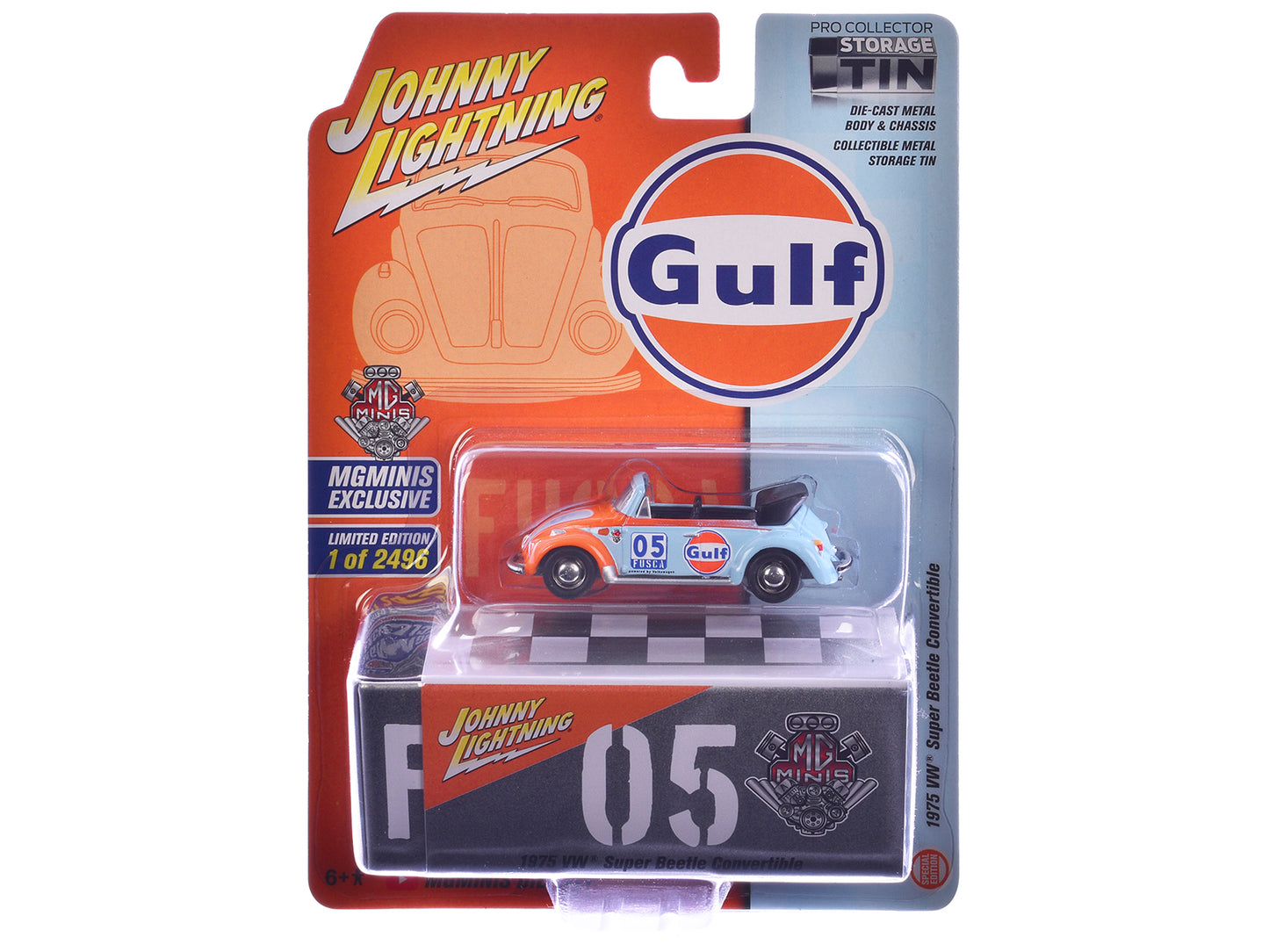 1975 Volkswagen Super Beetle Convertible #05 "Gulf Oil" Light Blue and Orange "MGMinis Exclusive" Series Limited Edition to 2496 pieces Worldwide 1/64 Diecast Model Car by Johnny Lightning
