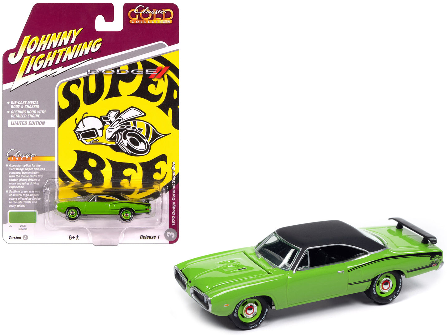 1970 Dodge Coronet Super Bee Sublime Green with Black Stripes and Top "Classic Gold Collection" 1/64 Diecast Model Car by Johnny Lightning - Use code SHOPAPP15 to get 15 percent off