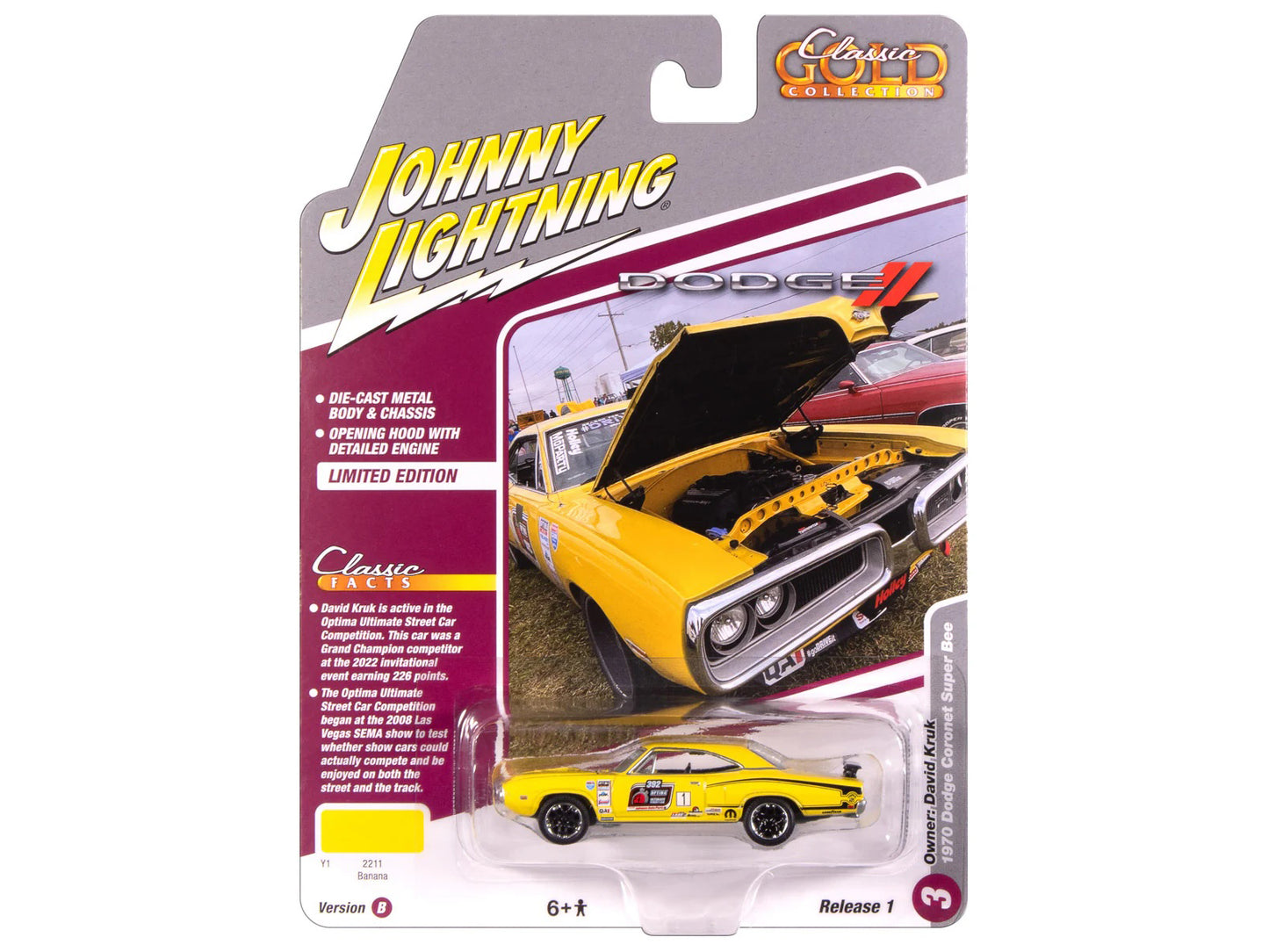 1970 Dodge Coronet Super Bee #1 "David Kruk" Banana Yellow with Black Stripes and Top "Classic Gold Collection" 1/64 Diecast Model Car by Johnny Lightning - Use code SHOPAPP15 to get 15 percent off