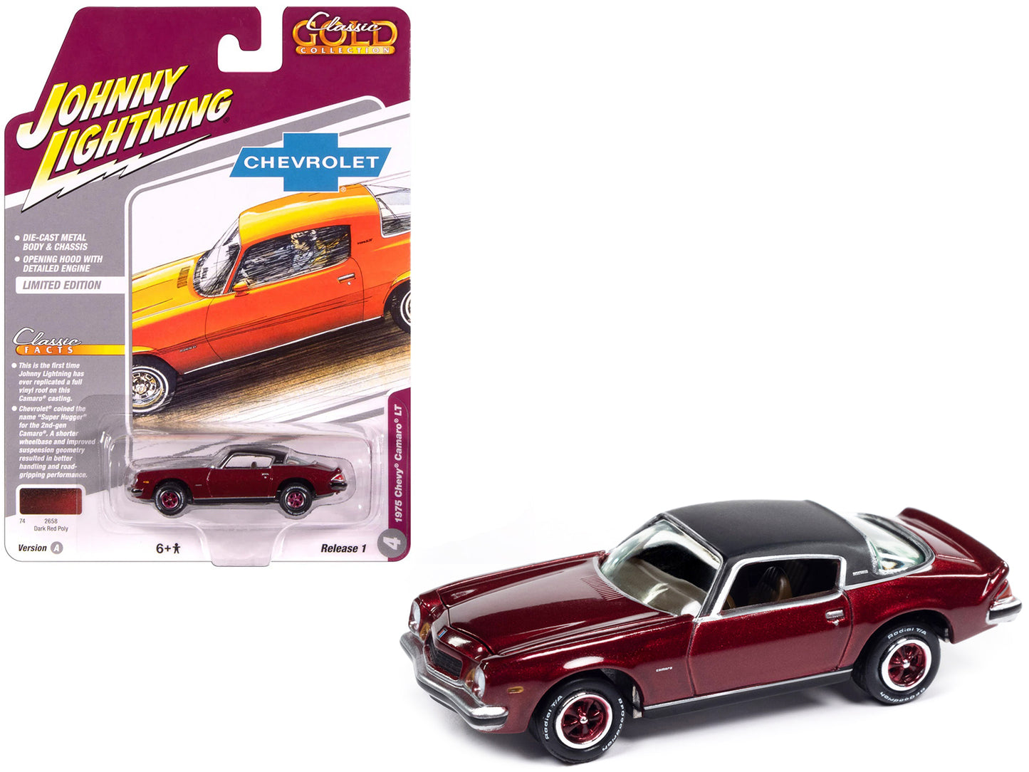 1975 Chevrolet Camaro LT Dark Red Metallic with Black Top "Classic Gold Collection" 1/64 Diecast Model Car by Johnny Lightning - Use code SHOPAPP15 to get 15 percent off