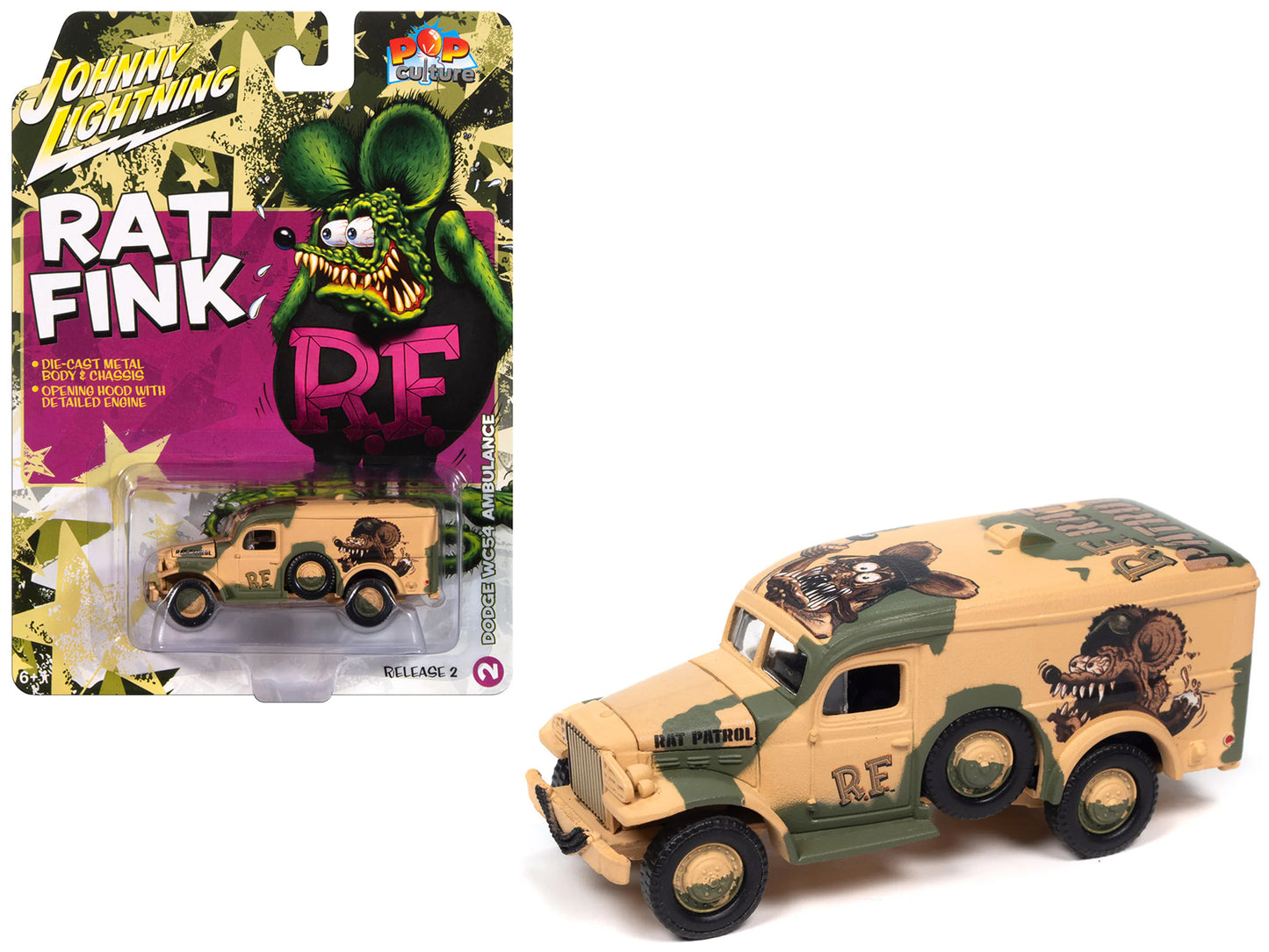 Dodge WC54 Ambulance Desert Camouflage "Rat Fink" "Pop Culture" 2024 Release 2 1/64 Diecast Model Car by Johnny Lightning - Use code SHOPAPP15 to get 15 percent off