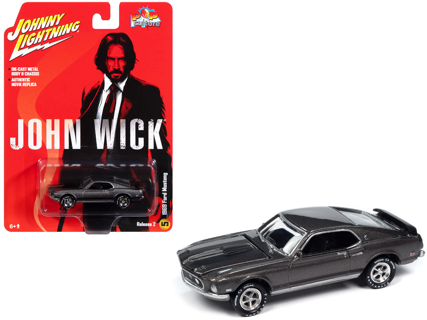 1969 Ford Mustang Mach I Gray Metallic with Black Stripes "John Wick" (2014) Movie "Pop Culture" 2024 Release 2 1/64 Diecast Model Car by Johnny Lightning
