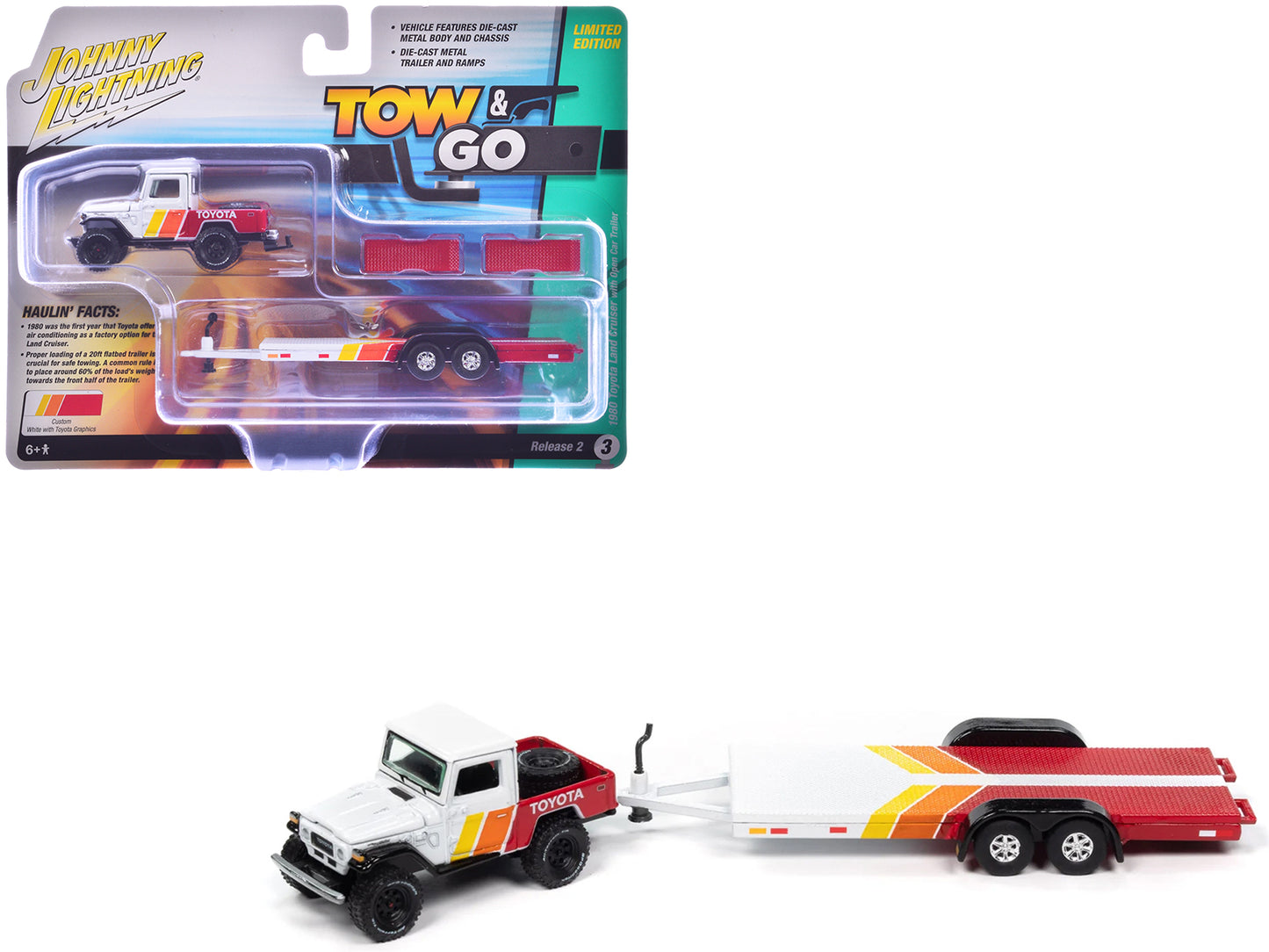 1980 Toyota Land Cruiser Pickup Truck White and Red with Stripes and Open Car Trailer Limited Edition "Tow & Go" Series 1/64 Diecast Model Car by Johnny Lightning