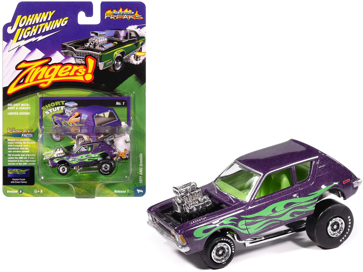 1971 AMC Gremlin Passion Purple Metallic with Green Flames and Interior "Zingers!" Series 1/64 Diecast Model Car by Johnny Lightning - Use code SHOPAPP15 to get 15 percent off