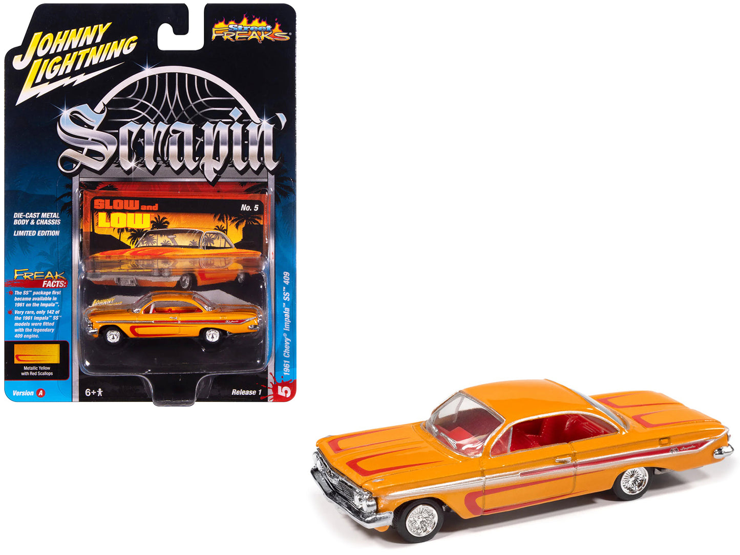 1961 Chevrolet Impala SS 409 Yellow Metallic with Red Stripes and Interior "Scrapin" Series 1/64 Diecast Model Car by Johnny Lightning - Use code SHOPAPP15 to get 15 percent off