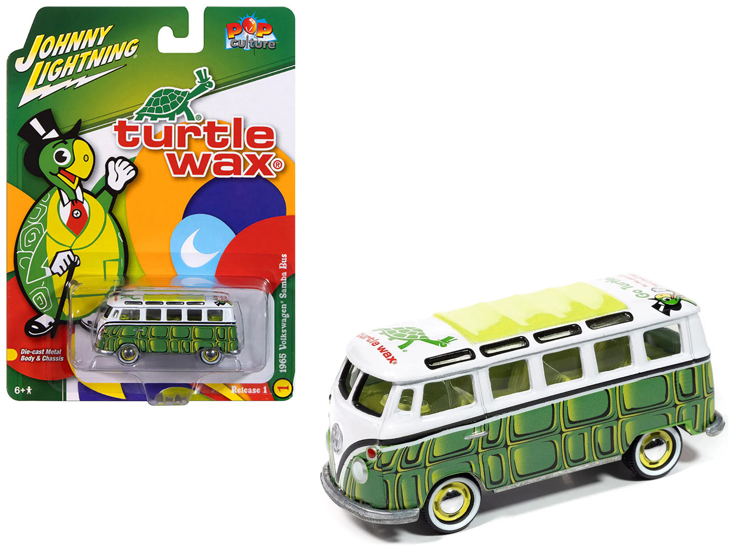 1965 Volkswagen Samba Bus "Turtle Wax" White and Green with Graphics "Pop Culture" 2025 Release 1 1/64 Diecast Model Car by Johnny Lightning - Use code SHOPAPP15 to get 15 percent off