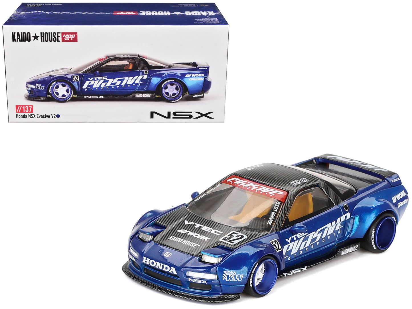 Honda NSX "Evasive V2" #52 Blue Metallic with Carbon Top (Designed by Jun Imai) "Kaido House" Special 1/64 Diecast Model Car by Mini GT