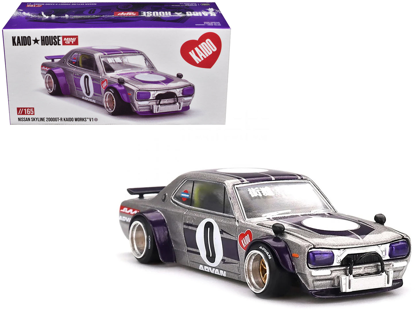 Nissan Skyline 2000GT-R (KPGC10) "Kaido Works V1" RHD (Right Hand Drive) #0 Silver Metallic with Purple Stripes (Designed by Jun Imai) "Kaido House" Special 1/64 Diecast Model Car by Mini GT