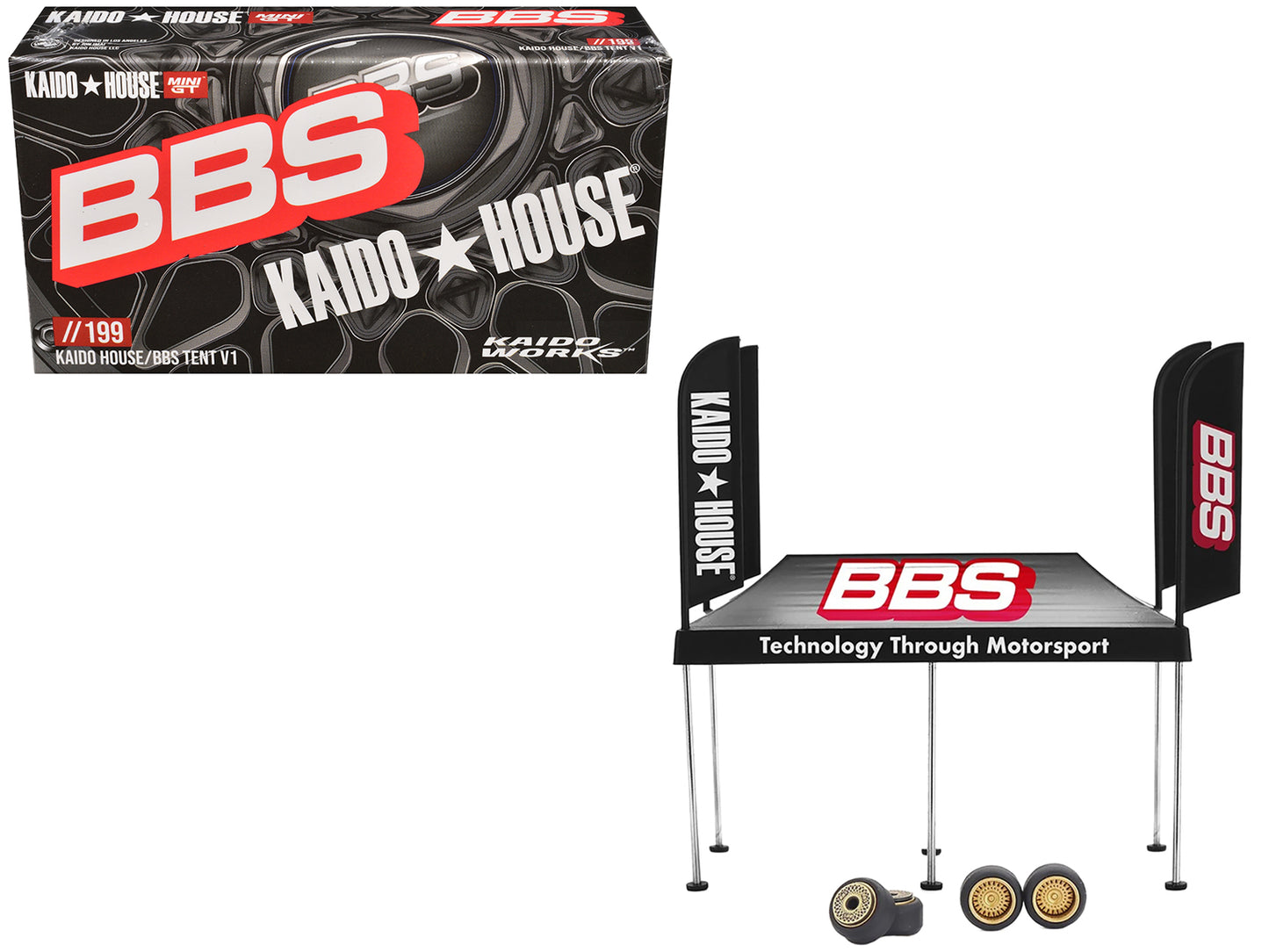 Kaido House "BBS" Tent V1 Black with Extra Wheels for 1/64 Scale Models by Mini GT - Use code SHOPAPP15 to get 15 percent off