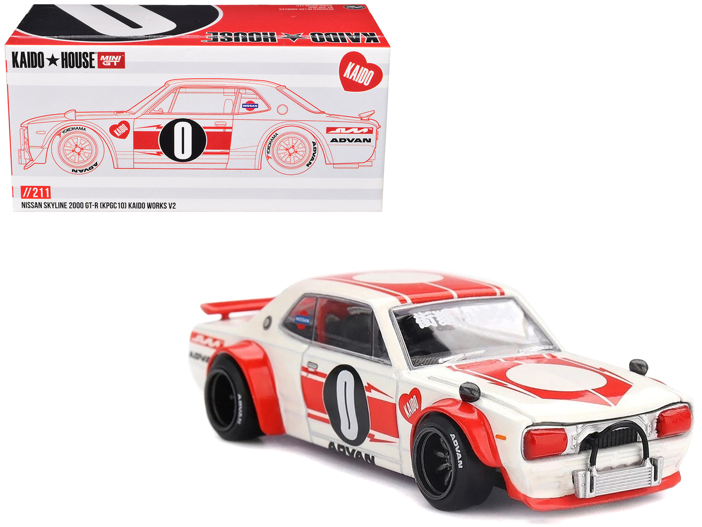 Nissan Skyline 2000GT-R (KPGC10) "Kaido Works V2" RHD (Right Hand Drive) White with Red Stripes (Designed by Jun Imai) "Kaido House" Special 1/64 Diecast Model Car by Mini GT - Use code SHOPAPP15 to get 15 percent off