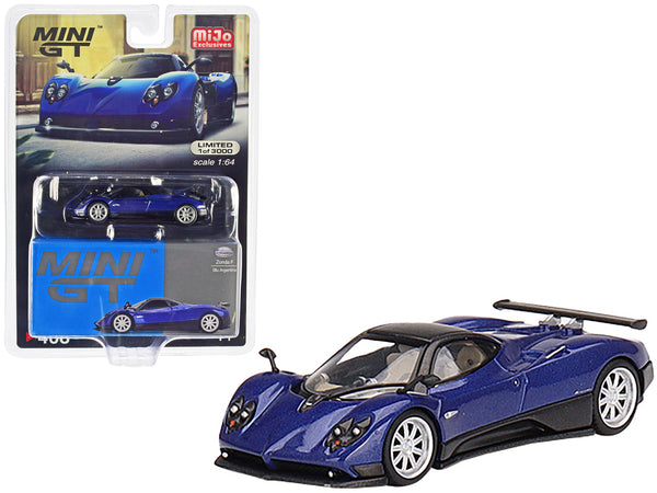 Pagani Zonda F Blu Argentina Blue Metallic with Black Top Limited Edition to 3000 pieces Worldwide 1/64 Diecast Model Car by Mini GT Pagani Zonda F Blu Argentina Blue Metallic with Black Top Limited Edition to 3000 pieces Worldwide 1/64 Diecast Model Car by Mini GT