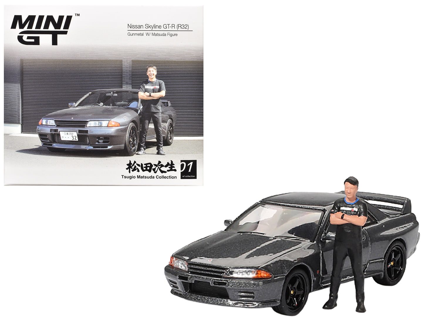 Nissan Skyline GT-R (R32) RHD (Right Hand Drive) Gunmetal Gray Metallic with Tsugio Matsuda Figure Limited Edition 1/64 Diecast Model Car by Mini GT