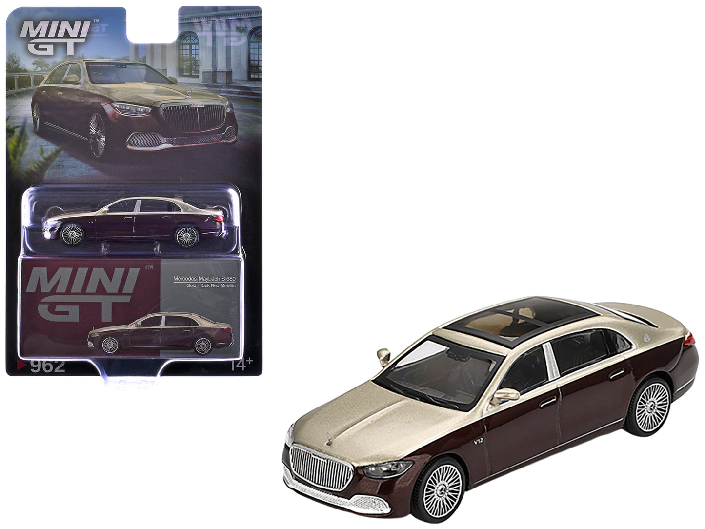 Mercedes-Maybach S 680 Gold Metallic and Dark Red Metallic Limited Edition 1/64 Diecast Model Car by Mini GT - Use code SHOPAPP15 to get 15 percent off