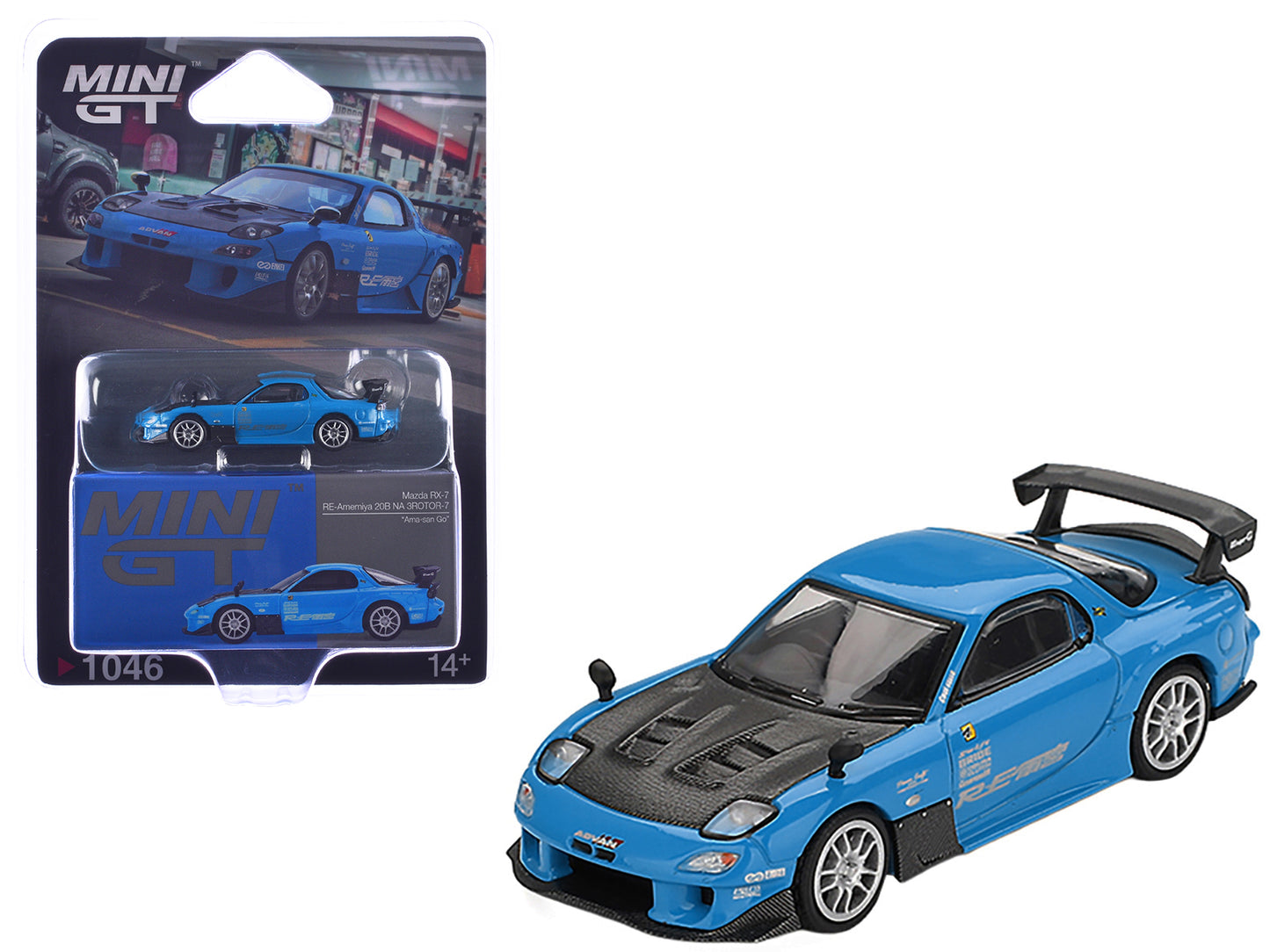 Mazda RX-7 RE-Amemiya 20B NA 3ROTOR-7 RHD (Right Hand Drive) "Ama-san Go" Blue with Carbon Hood Limited Edition 1/64 Diecast Model Car by Mini GT - Use code SHOPAPP15 to get 15 percent off