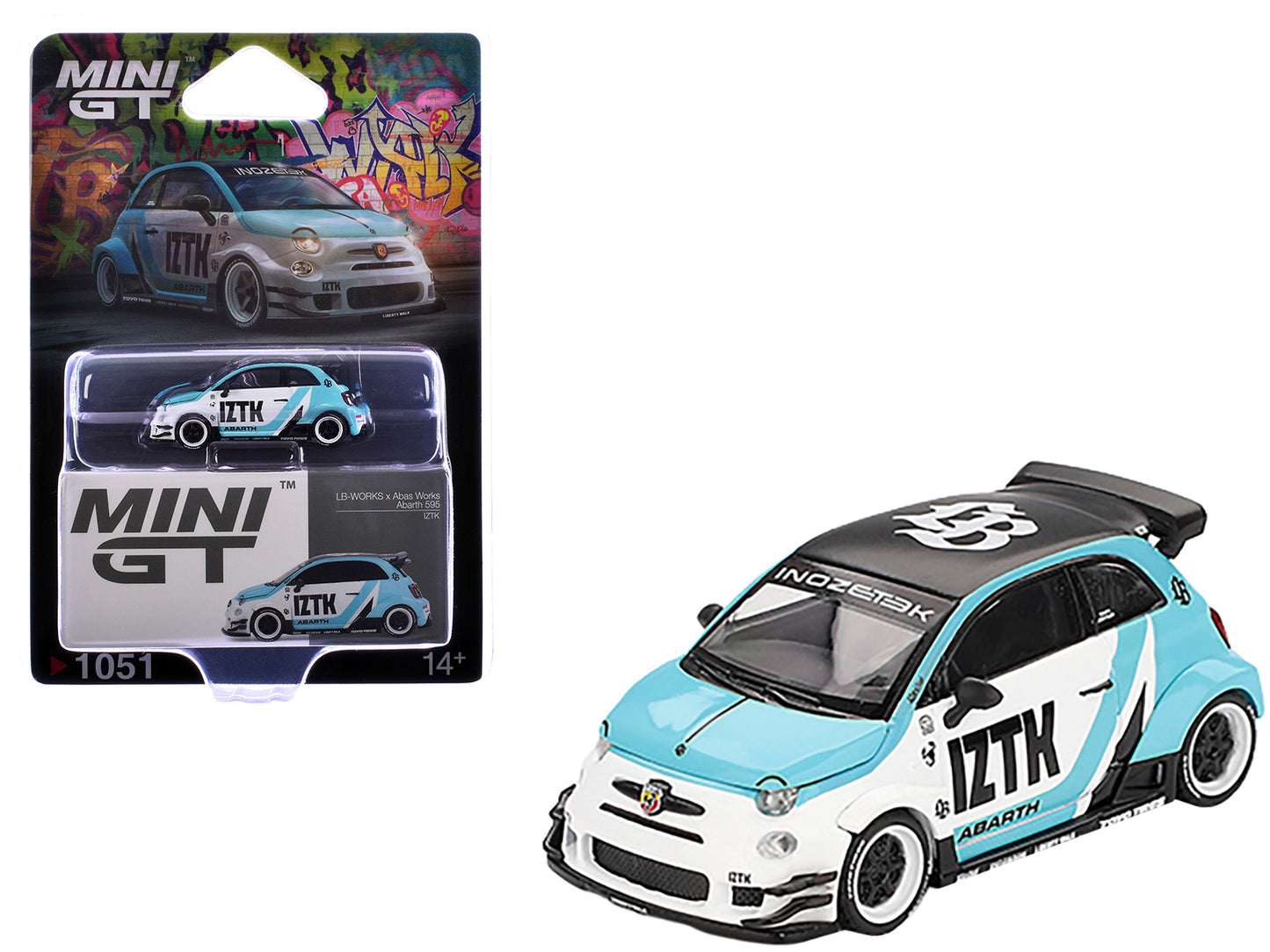 ABARTH 595 "LB-Works x Abas Works - IZTK" Light Blue and White with Black Top Limited Edition 1/64 Diecast Model Car by Mini GT - Use code SHOPAPP15 to get 15 percent off