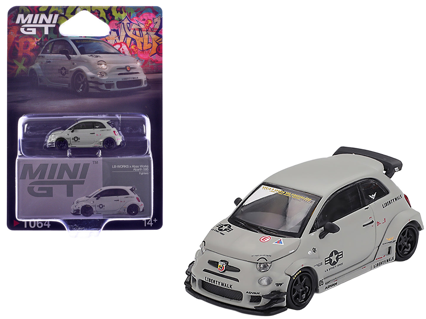 ABARTH 595 LB-Works x Abas Works "Fighters" Matt Gray Limited Edition 1/64 Diecast Model Car by Mini GT - Use code SHOPAPP15 to get 15 percent off