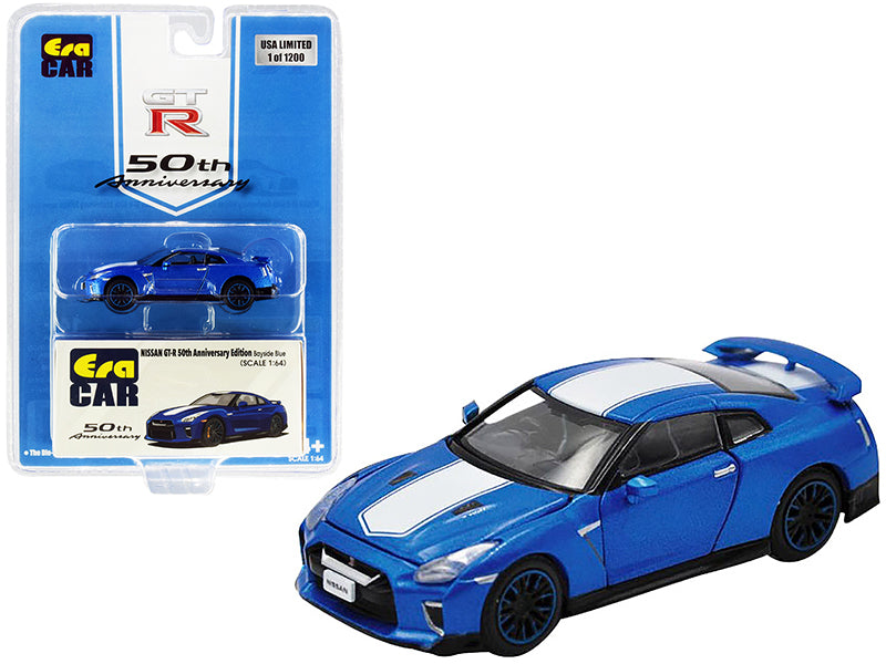 Nissan GT-R RHD (Right Hand Drive) Bayside Blue with White Stripe "50th Anniversary Edition" Limited Edition to 1200 pieces 1/64 Diecast Model Car by Era Car - Use code SHOPAPP15 to get 15 percent off