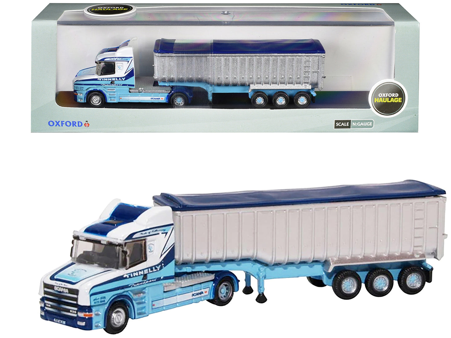 Scania T-Cab Truck RHD (Right Hand Drive) with Covered Dump Trailer "Tinnelly" White with Blue Graphics 1/148 (N) Scale Diecast Model Car by Oxford Diecast