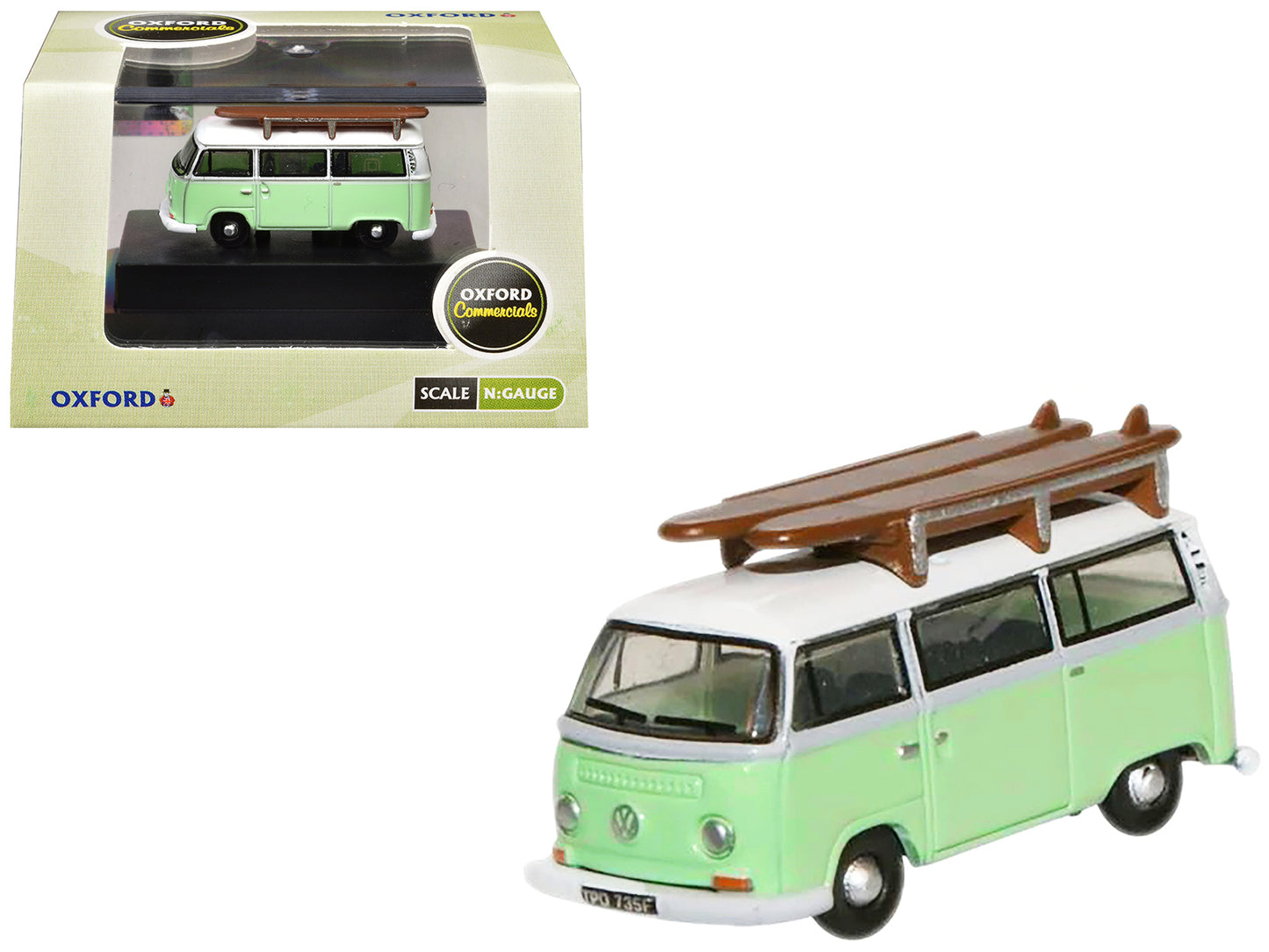 Volkswagen T2 Minibus Light Green and White with Surfboard on Roof Rack 1/148 (N) Scale Diecast Model Car by Oxford Diecast
