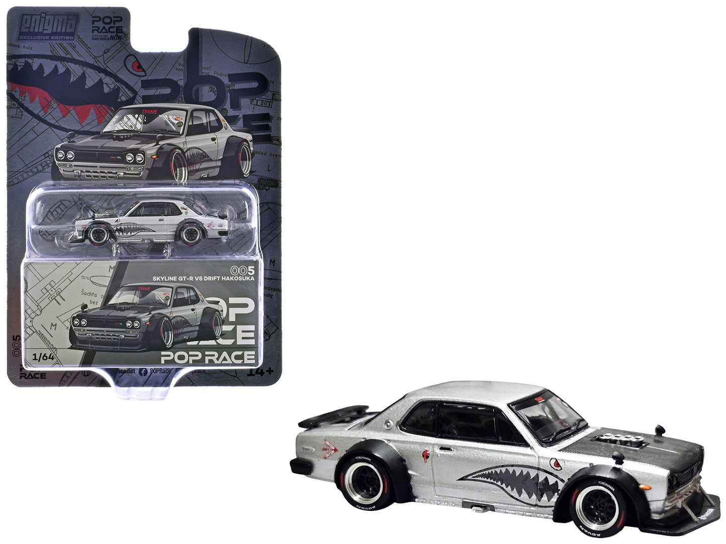 Skyline GT-R V8 Drift "Hakosuka" RHD (Right Hand Drive) Silver Metallic with Carbon Hood and Shark Mouth Graphics "Enigma Exclusive Edition" 1/64 Diecast Model Car by Pop Race - Use code SHOPAPP15 to get 15 percent off